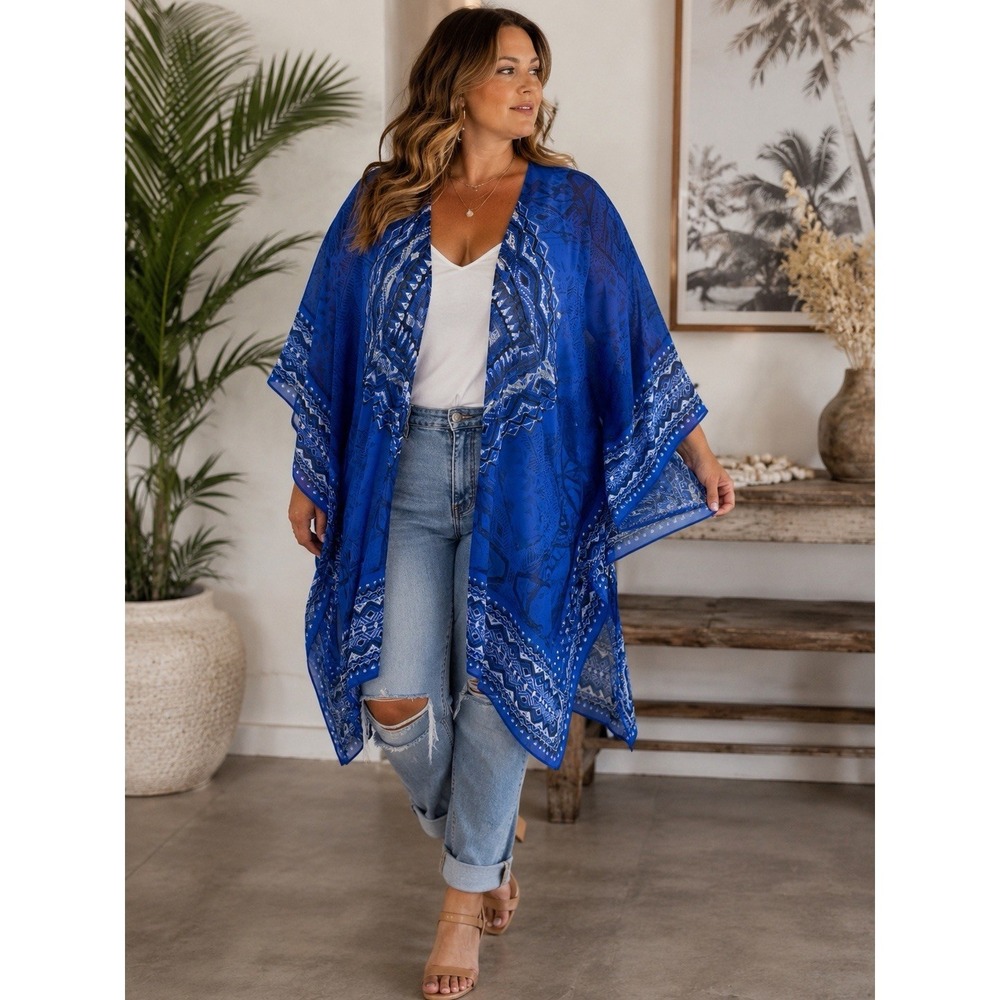 Catherines Open Front Kimono Duster 0X/1X Bandana Boho Light Kaftan Cover Up